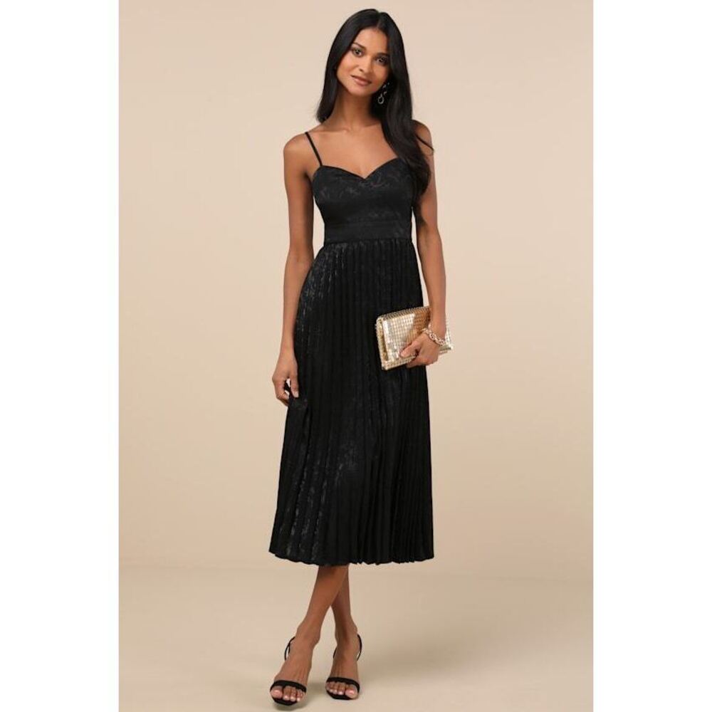 Lulus Regal Romance Black Floral Jacquard Pleated Satin Midi Dress - Size XS